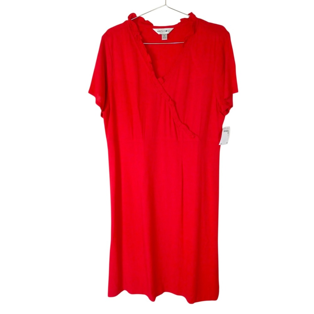 Amys Closet Red Ruffle V-Neck Faux Wrap Short Sleeve Dress Size 14‎